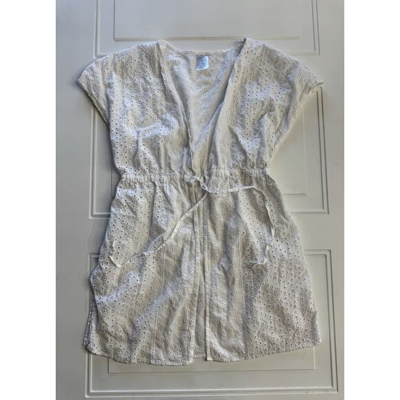 Kona Sol Sz S M TieFront Eyelet Short Swim Cover Up Top Dress White Cotton V - Picture 1 of 4